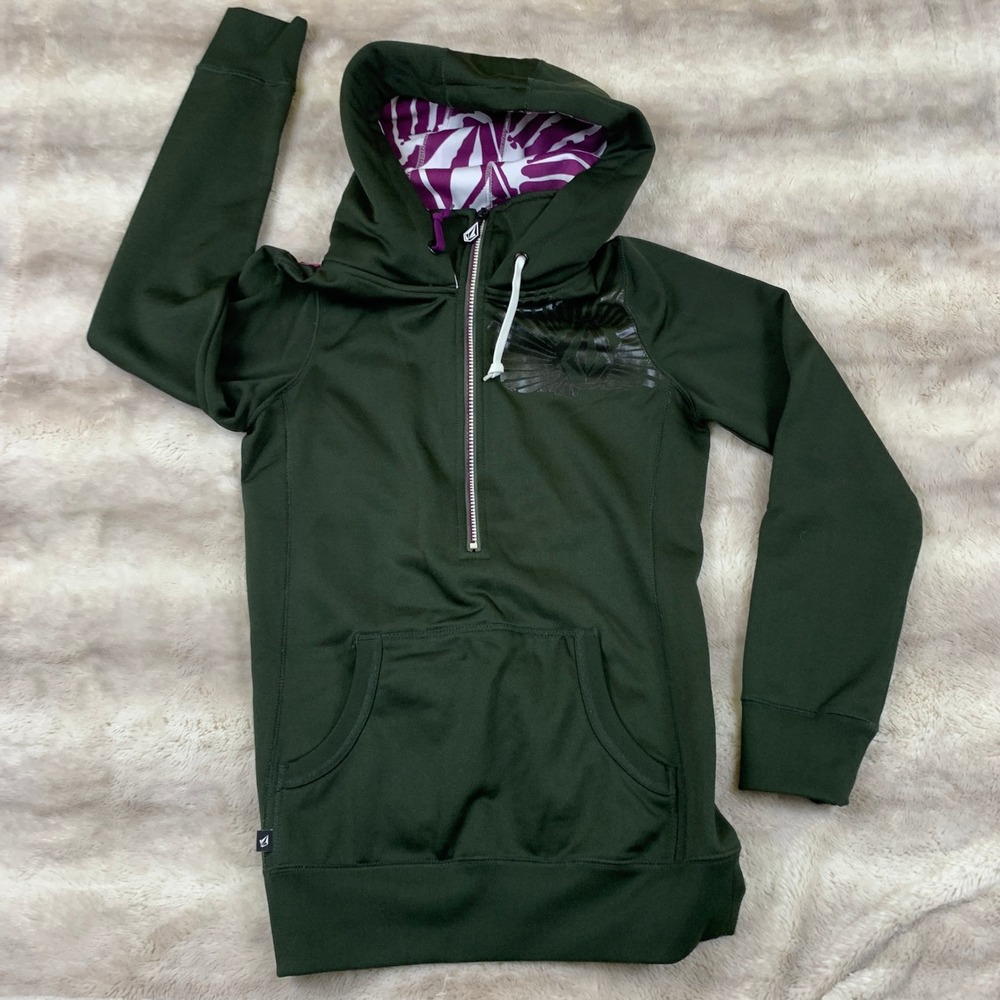 Volcom Vodder Long Hydro Pullover Green Half Zip Hoodie Zebra Print‎ Hood Small - Picture 8 of 11